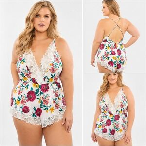 Floral Lace Trim Romper Teddy Criss Cross Back Babydoll Plus Size 3X/4X Bridal